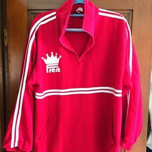 FRESH Red Pullover with White Stripes. Bay Area B-boy wear.